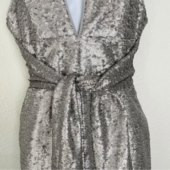 Harlyn silver sequin plunge neck matte waist tie dress‎ S Formal Cocktail - Picture 5 of 13